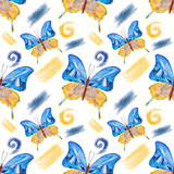 Watercolor bright seamless pattern with butterflies and absract element in blue and yellow tones on white background