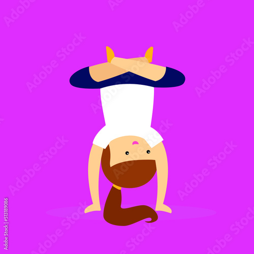 The girl stands on her hands with her legs crossed