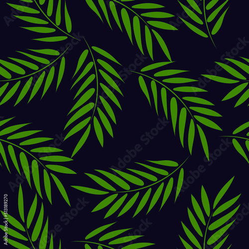 Vector pattern of palm leaves on a dark background. Summer pattern. High quality vector illustration.