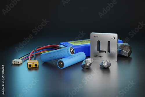 Lithium batteries , metallic lithium and element symbol on dark background. 3d illustration. photo