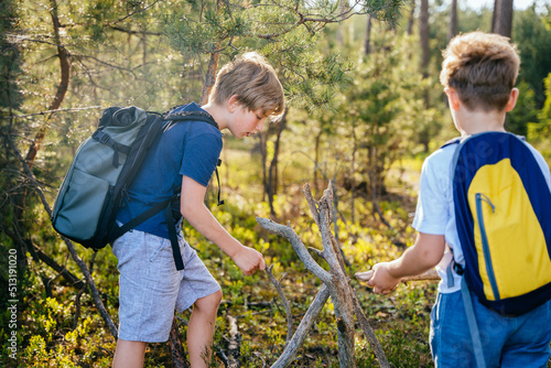 Two children collecting wood building camp in summer vacations. Friends gathering sticks at forest. photo