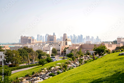 Panoramic view to the West Bay Doha, Qatar. View from Katara Park, sunny day