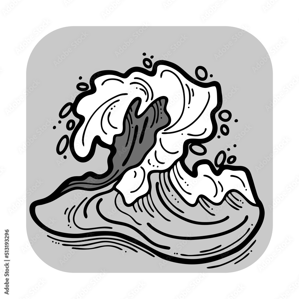 Fototapeta premium Sea wave, powerful splash energy of nature. Nautical ocean theme with ocean storm, summer holiday. For surfing and sailing decoration element. Hand drawn illustration. Cartoon style monochrome drawing