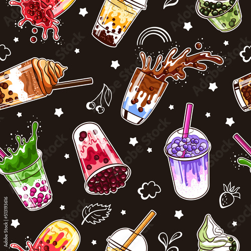 Bubble tea seamless pattern. Bubble milk drink with pearl balls, delicious asian sweet cold cup with ice tapioca. Elements isolated on black background. Wrapping paper, vector summer print