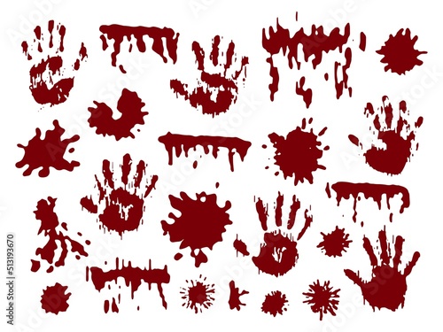 Horror murder. Blood spots and hand palm prints. Drip bleeding slash. Spatter bloodstain art. Scary drop of red ink. Bloody stain silhouette. Dripping liquid. Vector rough blotches set