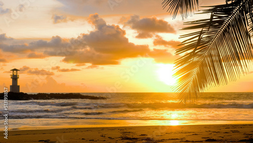 Golden sunset over ocean waves washing sand of tropical beach. Wanderlust  summer travel  holidays  vacations concept. Tropic nobody nature seascape  paradise island with sea horizon. Slow motion.