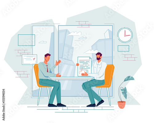 Business meeting, negotiations and conversation of two businessmen at a table in a conference room. Business partners negotiating or entering into a contract, flat vector isolated on white.