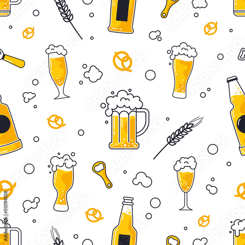 Beer pattern. Alcohol brewery. Bar menu. Mug of Octoberfest restaurant. Pub style drawing. Ale pints and crackers. Barley and wheat. Lager bottles. Foam drink. Vector seamless background