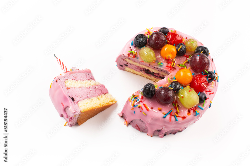 Cake with blueberries. One small piece cut from it. On a white background, not isolate. Cake with blueberries. One small piece cut from it. On a white background, not isolate.