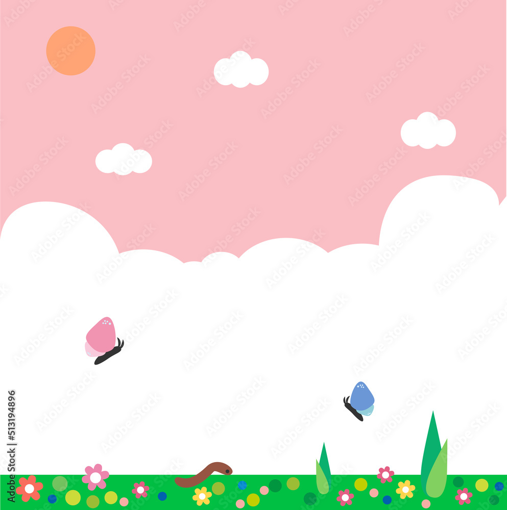 Cartoon cute spring landscape with butterfly and blossom land. Sunlight,  pink sky background, countryside, cloudy weather. Backdrop wonderland banner in springtime season. Vector, illustration, EPS10