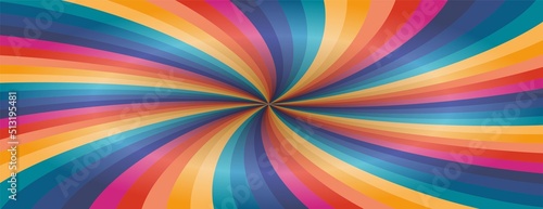 Cool panoramic, colorful sunbeam vortex background, banner. Vector illustration. Dimension 3:1.