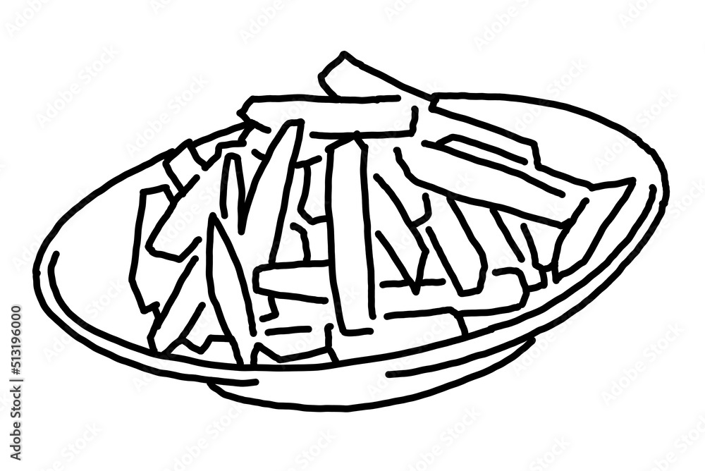 Fototapeta premium Crispy crunchy tasty French fries. Junk food for restaurant menu. Fried potatoes pommes frites unhealthy fast food to go. Hand drawn black and white illustration. Comics cartoon line drawing.