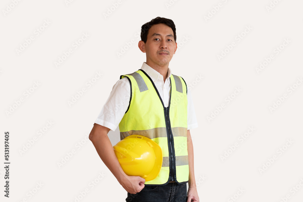 young asian civil engineer helmet hard hat standing showing thumbs up on isolated white background. Mechanic service concept young asian civil engineer helmet hard hat standing showing thumbs up on isolated white background. Mechanic service concept