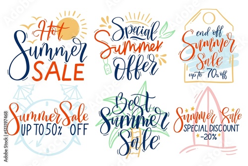 Summer sale. Special offer lettering, season discount and tropical paradise vacation promo vector set