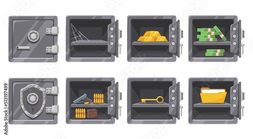 Metal safe. Safely vault for gun, key and documents. Gold bars and cash money in secure metal storage. Open and closed safes vector Illustration set
