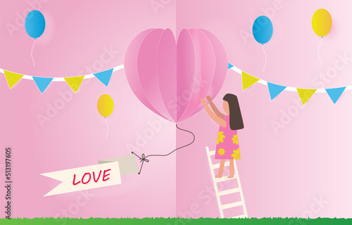 Girl decorates for Valentine's Day. Get on the ladder. Valentine's Day celebration with message Love on banner, Colored celebration flags. holiday decorations.
