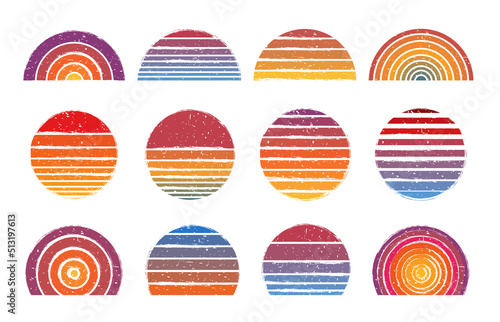 Retro sun circles. Vintage striped sunset and retro sunrise gradient lines with grunge texture vector set © WinWin