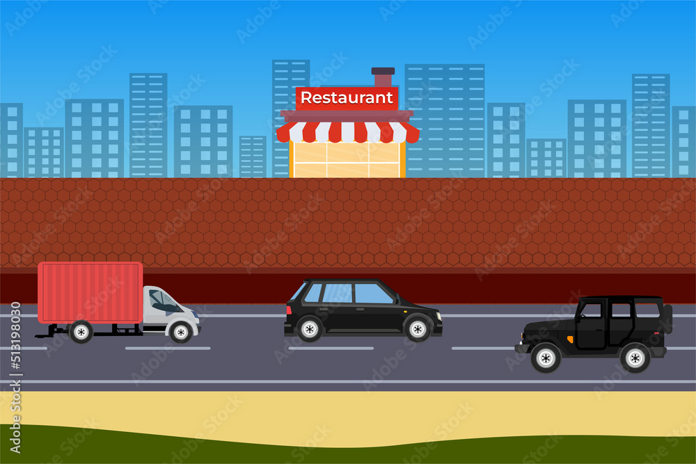 Vehicle moving on an urban road with a street restaurant vector. Cars on a cityscape background and brick wall illustration. City restaurants and traffic on the road flat design concept.