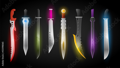 Futuristic sword. Fantasy metal blade knife, scifi ninja soldier weapon and neon glowing swords vector set