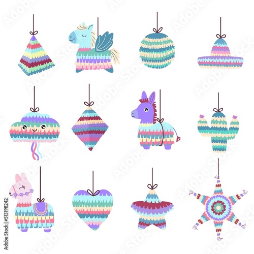 Mexican pinata. Mexican star paper game for party celebration, colorful llama and different shape pinatas vector set