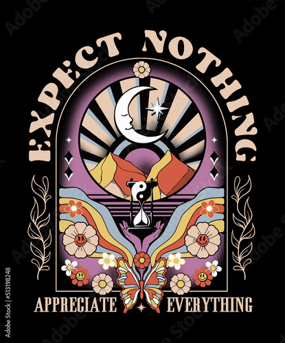 The print design featuring the "Expect Nothing" slogan incorporates a hand-drawn mystic aesthetic, with esoteric elements such as the moon, flowers, mountains, a time glass, and the yin yang symbol