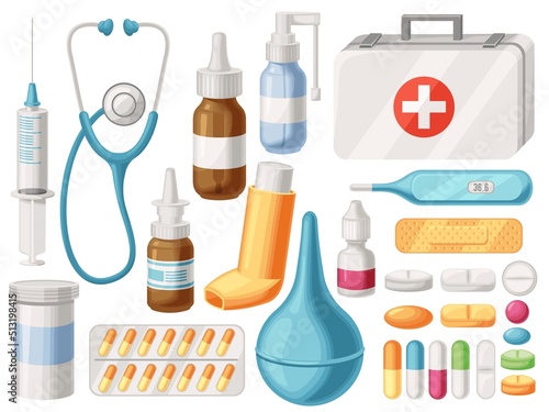 Cartoon medical supplies. First aid kit, inhaler, syringe and pharmacy drugs. Medical tools vector illustration set