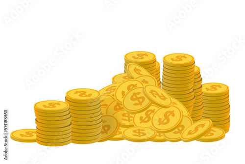 Gold coins, golden dollar coins, money pile, stacked cash. Casino bonus, profits and income earnings