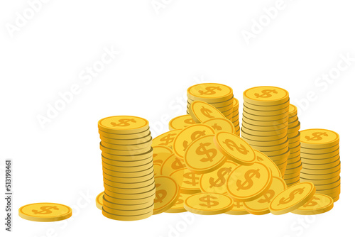Gold coins, golden dollar coins, money pile, stacked cash. Casino bonus, profits and income earnings