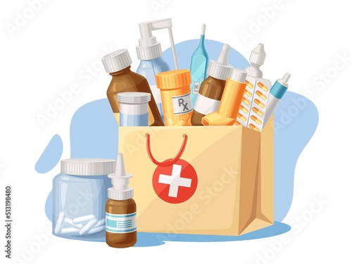 Medical supplies. Pharmacy purchases in paper bag, goods for treatment and health care objects from drugstore cartoon vector illustration