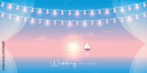 wedding invitation seascape with sail boat yacht and fairy light
