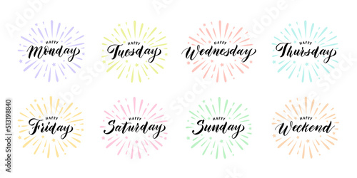 Happy week days lettering. Calligraphic weekend and weekday names with burst splash, handwritten diary titles vector set photo