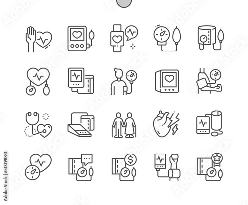 Tonometer. Blood pressure measurement. Elderly people. Heart attack. Health care, medical and medicine. Pixel Perfect Vector Thin Line Icons. Simple Minimal Pictogram