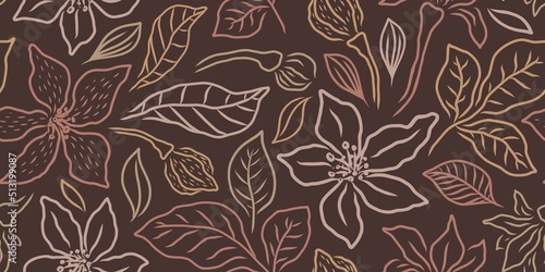 VECTOR HORIZONTAL SEAMLESS BROWN FLORAL PATTERN WITH LILIES