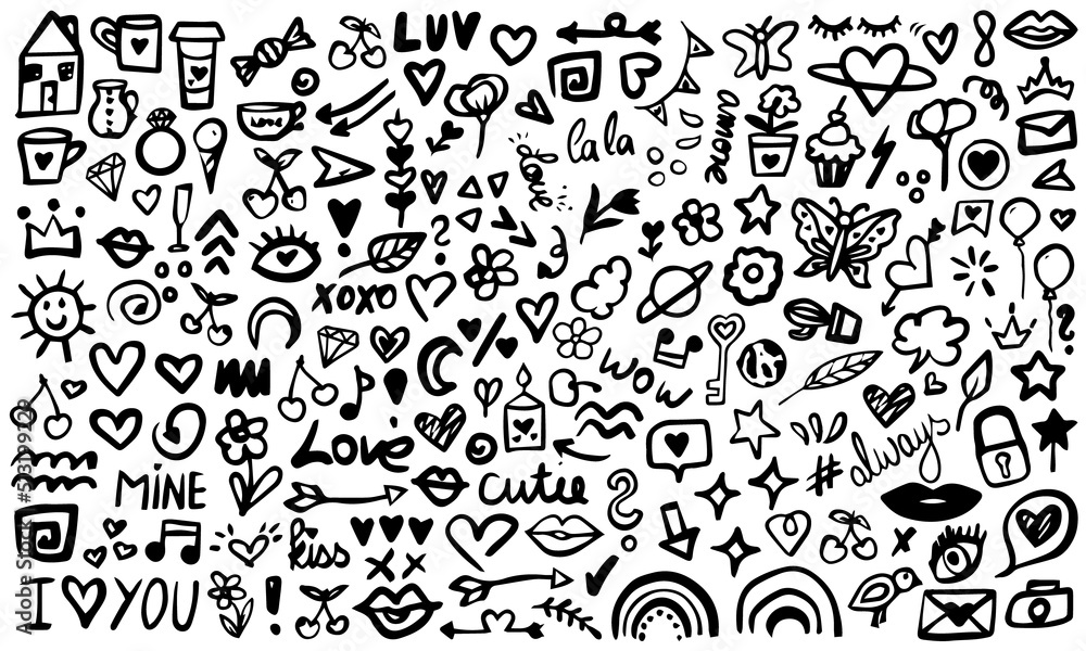 Collection of doodled icons. Bundle of different hand drawn design elements.