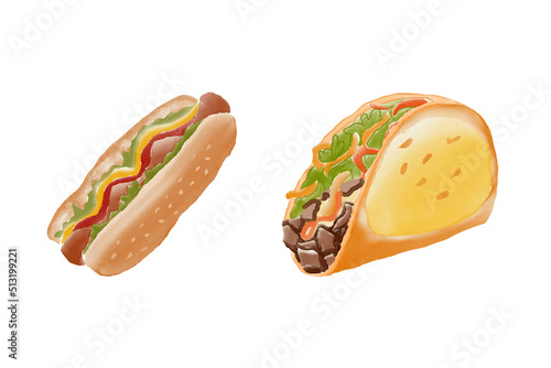 Watercolor fast food clipart hot dog and Tacos hand-drawn watercolor illustration on white background