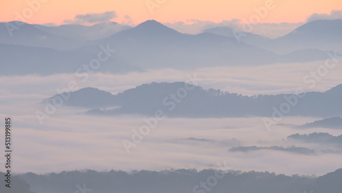 Appalachian mountain peaks rise out of the clouds on a misty morning