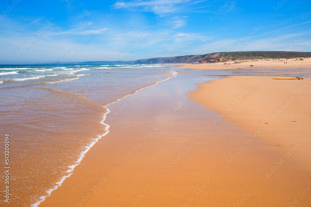 sandy bay Praia do Bordeira with outgoing waves, portugal coast algarve - obrazy, fototapety, plakaty 