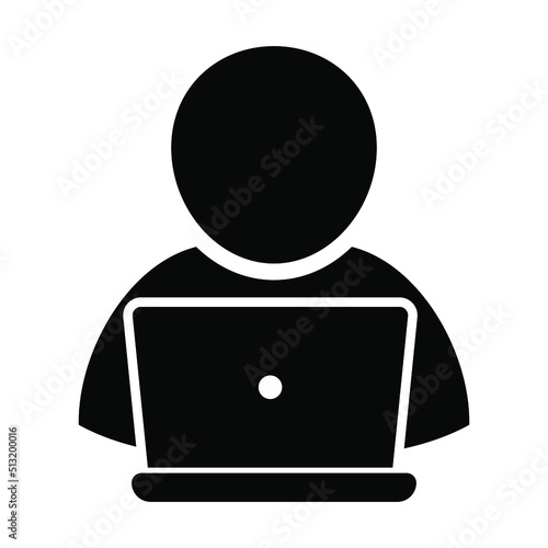 User working with computer vector icon, person with laptop icon.