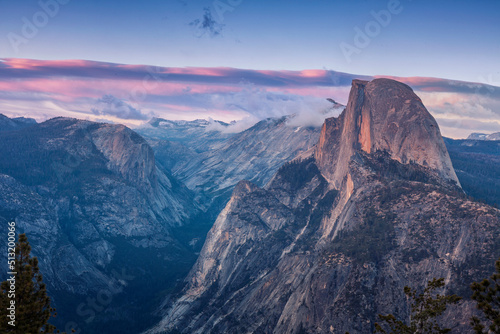 Half Dome in Yosemite National Park seen at dusk from the Glacier Point Overlook