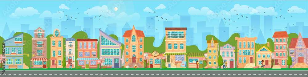 Obraz premium City street. Panoramic cityscape with bright houses, walking pedestrians, flowering trees. Shop and stores. Spring city. Vector illustration in cartoon style.