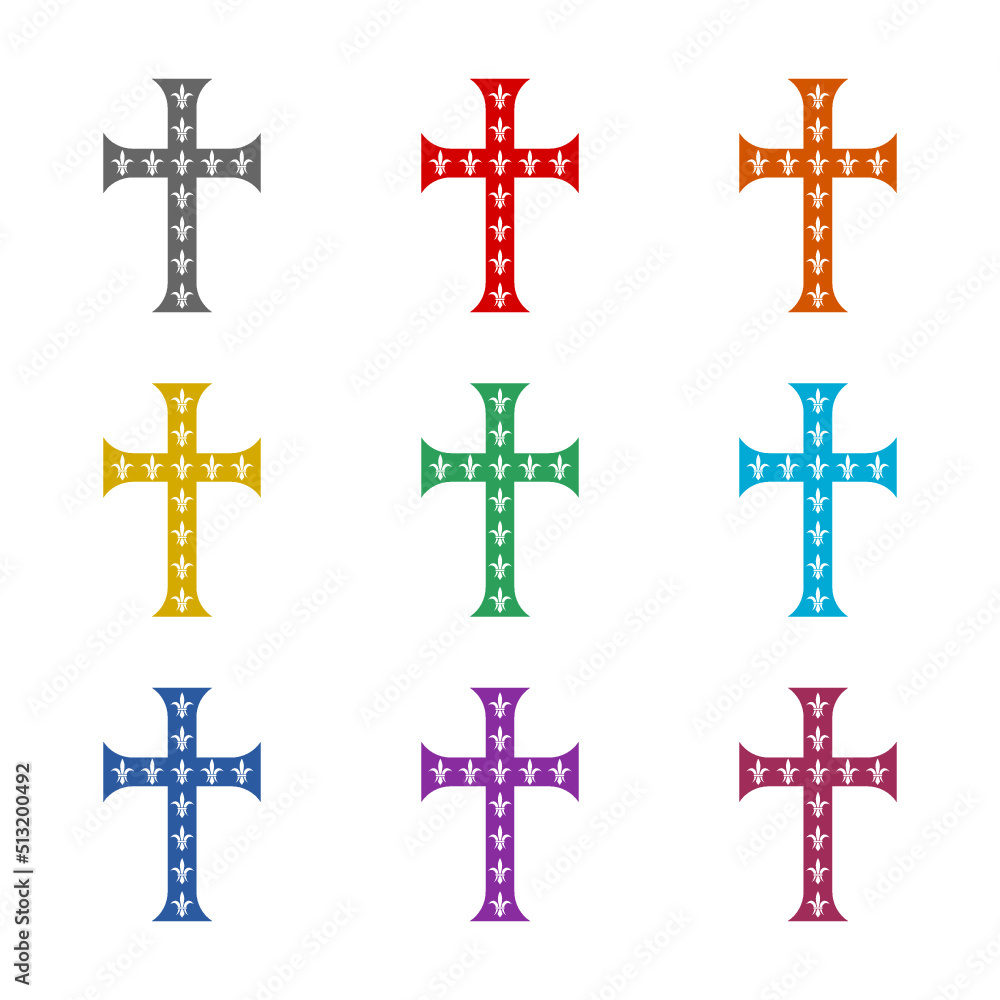 Fleur de lis cross icon isolated on white background. Set icons colorful