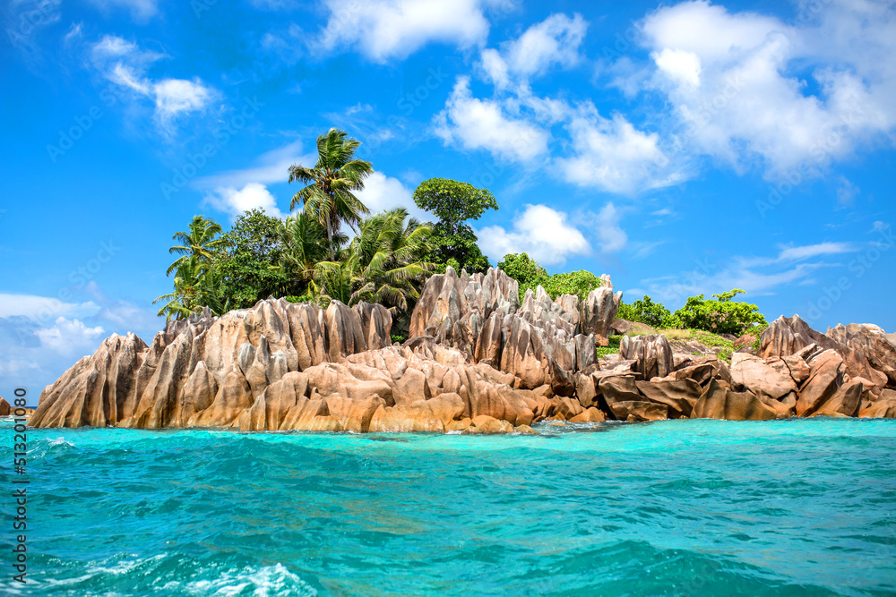 Beautiful Island Of Seychelles Granite Cliffs Of The Beach With Palm Beautiful Island Of Seychelles Granite Cliffs Of The Beach With Palm