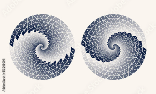Dark triangles in circle spiral as background or icon, logo, tattoo.