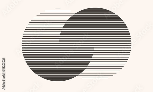 Transition in two circles with parallel lines. Abstract art geometric background for logo, icon, tattoo.