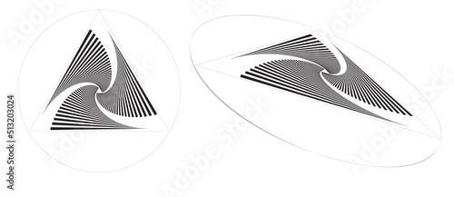 Spiral with black lines in triangle as dynamic abstract vector background or logo or icon. Artistic illustration with perspective on white background.