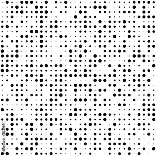 Black polka dots random pattern background. Abstract halftone. Vector illustration.