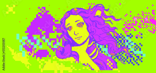 Pixel art vector illustration of Venus in anime style. Webpunk and webkitsch aesthetics.