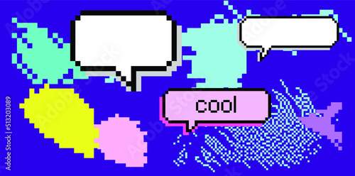 Trendy vaporwave background with pixel art chaotic composition. Concept of a glitchy computer screen.