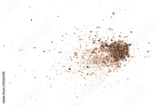 Minced black pepper, ground peppercorn pile isolated on white,  view
