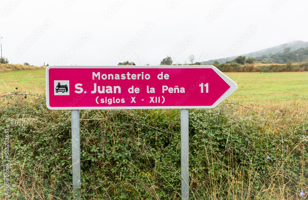 traffic signpost pointing the way to the Monastery of San Juan de la Peña, province of Huesca, Aragon, Spain 